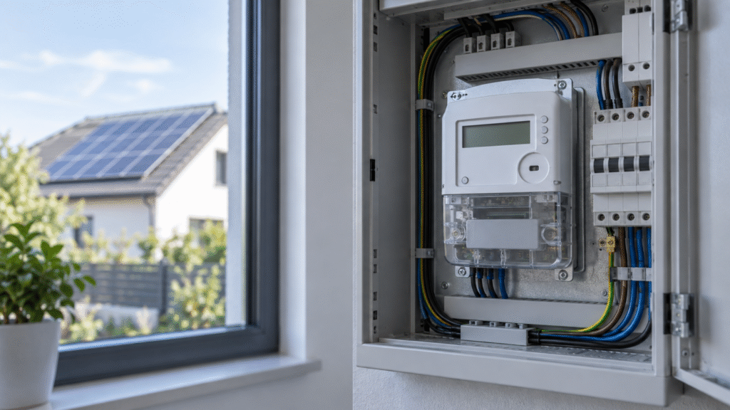 Inteligentný elektromer pri budove s fotovoltikou